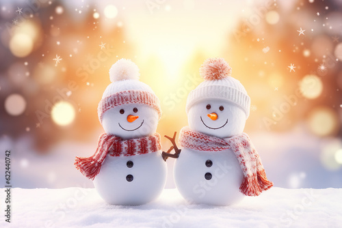 Winter holiday christmas background banner - Closeup of two cute funny laughing snowmen couple with wool hat and scarf, on snowy snow snowscape with bokeh lights, sun   Generative AI © Kay