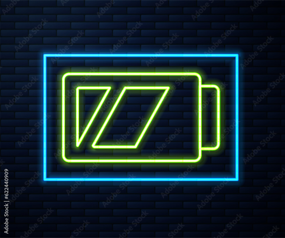 Glowing neon line Battery for camera icon isolated on brick wall background. Lightning bolt symbol. Vector Glowing neon line Battery for camera icon isolated on brick wall background. Lightning bolt symbol. Vector