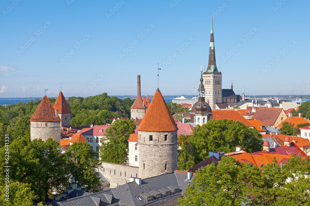 Aerial view of 7 of the 66 towers of the Wall of Tallinn