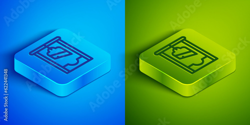 Isometric line Guillotine medieval execution icon isolated on blue and green background. Square button. Vector