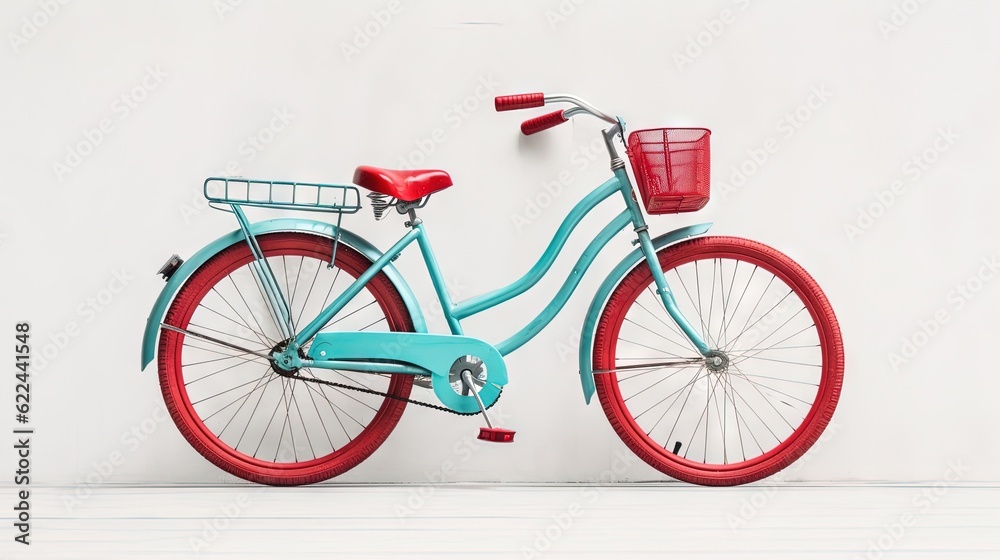 Fototapeta premium a blue and red bicycle is parked against a white wall. generative ai