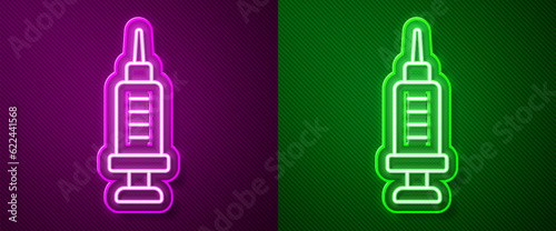 Glowing neon line Addiction to the drug icon isolated on purple and green background. Heroin, narcotic, addiction, illegal. Sick junkie with a syringe and medical pills. Vector