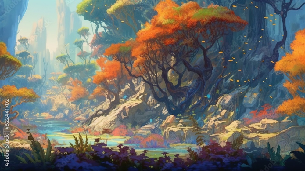  a painting of a forest with lots of trees and bushes.  generative ai
