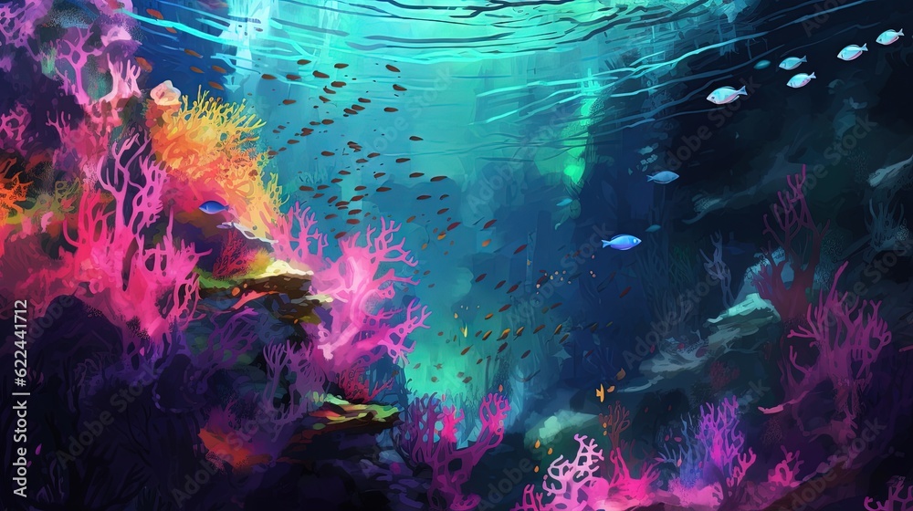  a painting of a colorful underwater scene with fish and corals.  generative ai