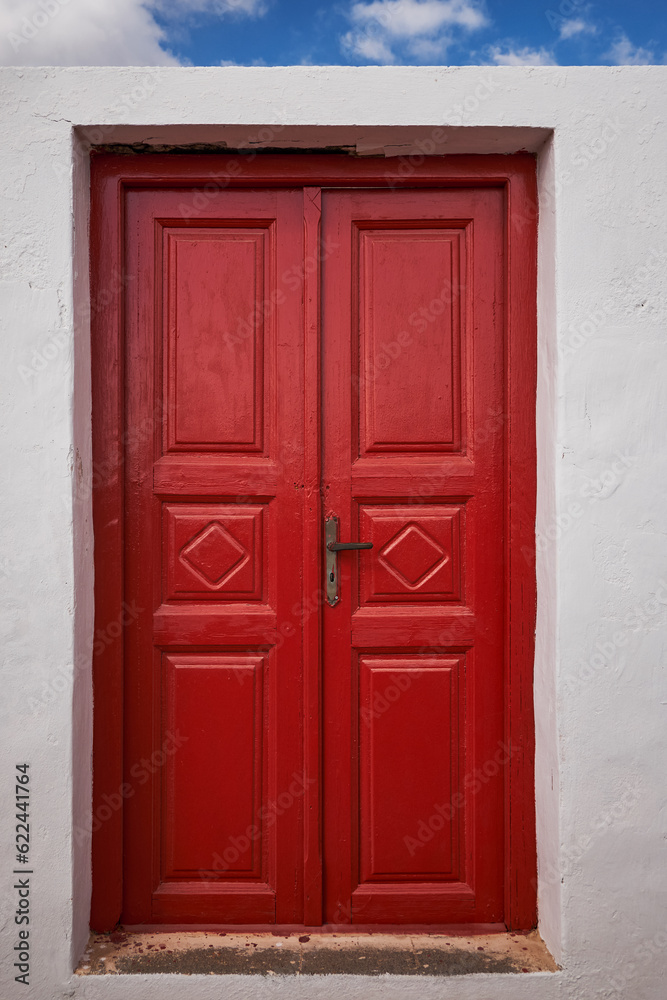 Wooden Red Wooden Door Entrance to a Traditional House In Megalochori Village - Santorini Island, Greece - Travel Destination, Summer