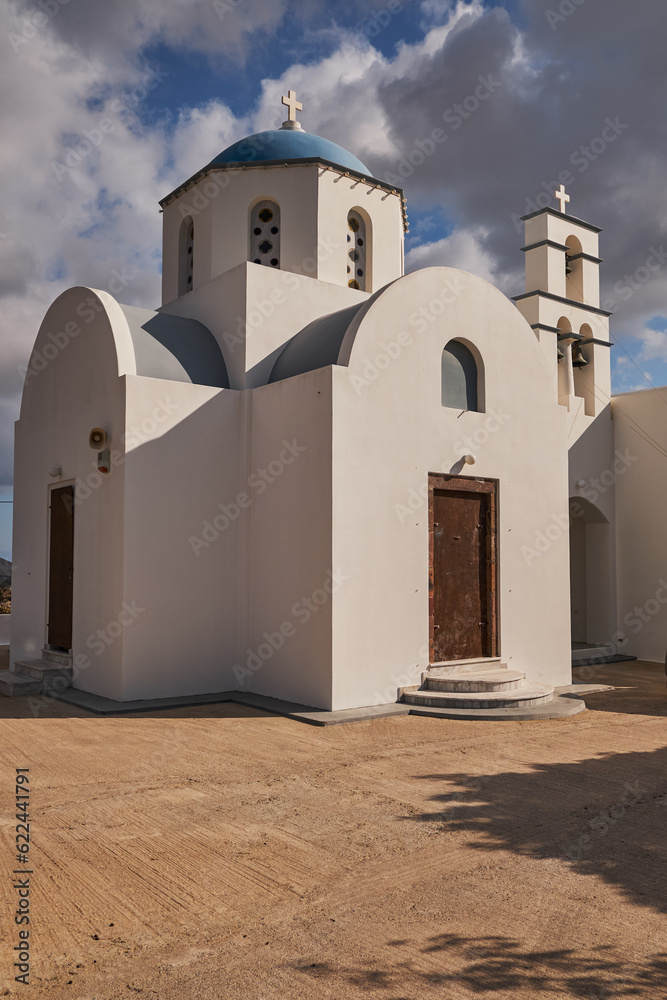 Orthodox Church in Megalochori Village with a Blue Dome - Santorini Island, Greece
