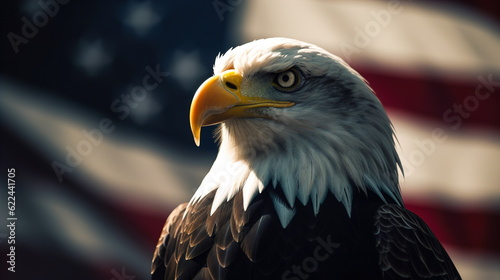 Portrait of a bald eagle on the background of the American flag.Generative AI