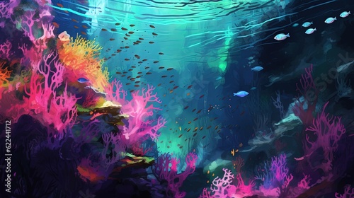  a painting of a colorful underwater scene with fish and corals. generative ai