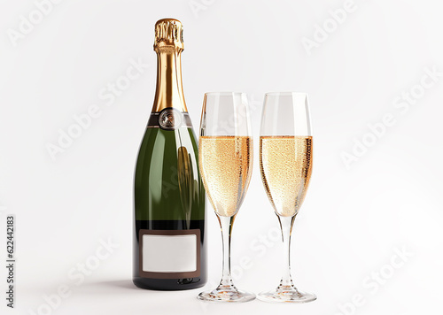 champagne bottle and glass on white background