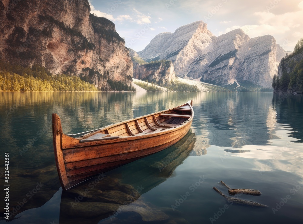 Beautiful view of traditional wooden rowing boat on scenic Lago di Braies in the Dolomites in scenic morning light at sunrise. Created with Generative AI technology.