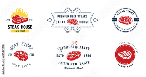 Steak House or Meat Shop Typography Label. Premium Quality Emblems, Logo Template. Vector Illustration.