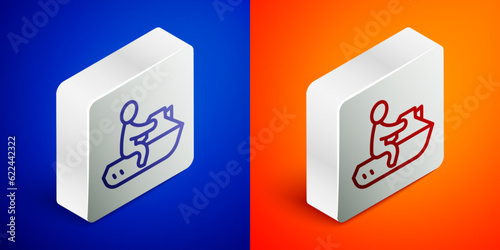 Isometric line Jet ski icon isolated on blue and orange background. Water scooter. Extreme sport. Silver square button. Vector