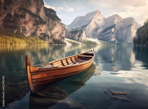 Beautiful view of traditional wooden rowing boat on scenic Lago di Braies in the Dolomites in scenic morning light at sunrise. Created with Generative AI technology.