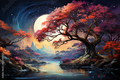  a tree with colorful flowers, mysterious and dreamlike scenes, nature-inspired art with romantic riverscapes, generative ai