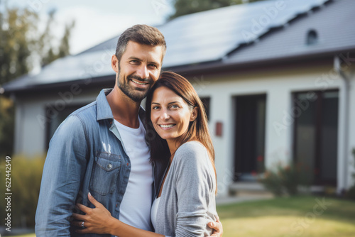 A happy couple standing smiling front of their large house with solar panels installed, generative ai