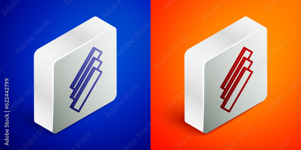 Isometric line Cigarette rolling papers pack icon isolated on blue and orange background. Silver square button. Vector Isometric line Cigarette rolling papers pack icon isolated on blue and orange background. Silver square button. Vector