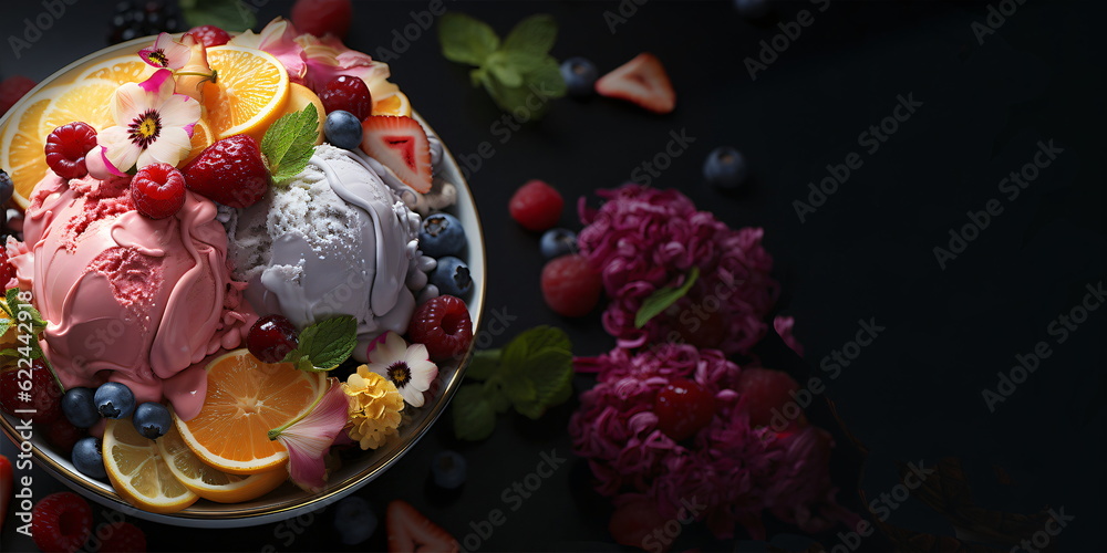 Ice cream balls on a bowl served with fruits