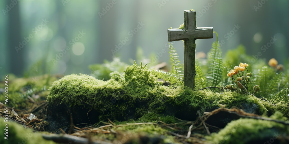 Forest dig cemetery, funeral background - Wooden cross on moss. Natural burial grave in the woods Forest dig cemetery, funeral background - Wooden cross on moss. Natural burial grave in the woods