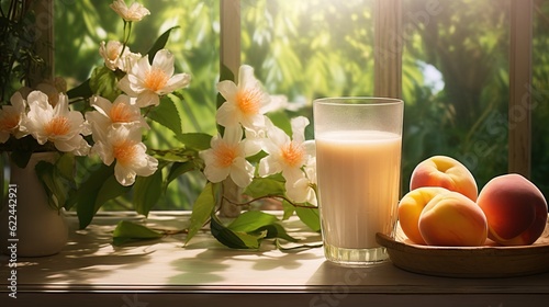  a glass of milk, peaches, and flowers on a table. generative ai