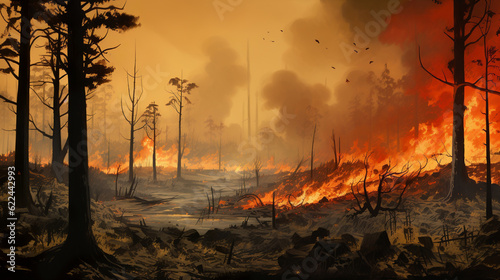 Forest fire and flames  destruction of forest flora and fauna during fire  generative ai