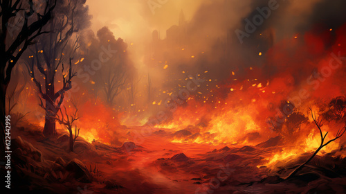Forest fire and flames, destruction of forest flora and fauna during fire, generative ai © Gbor