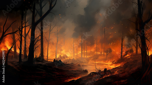 Forest fire and flames, destruction of forest flora and fauna during fire, generative ai