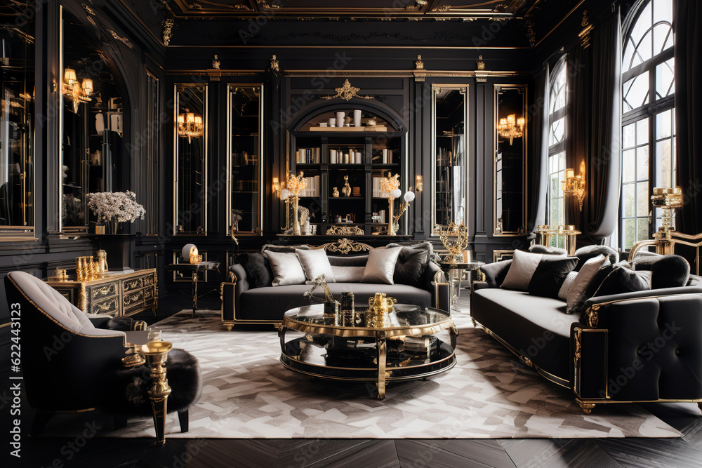 black and gold luxury living room or hotel interior, generative ai