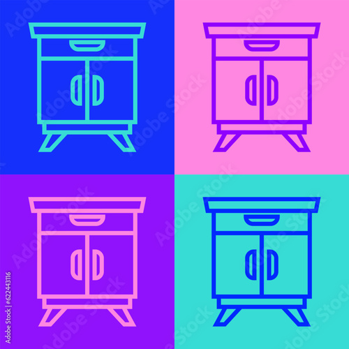 Pop art line Furniture nightstand icon isolated on color background. Vector