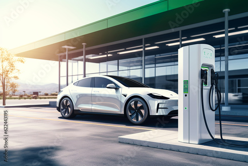 modern electric car at standalone electric vehicle charging station, generative ai