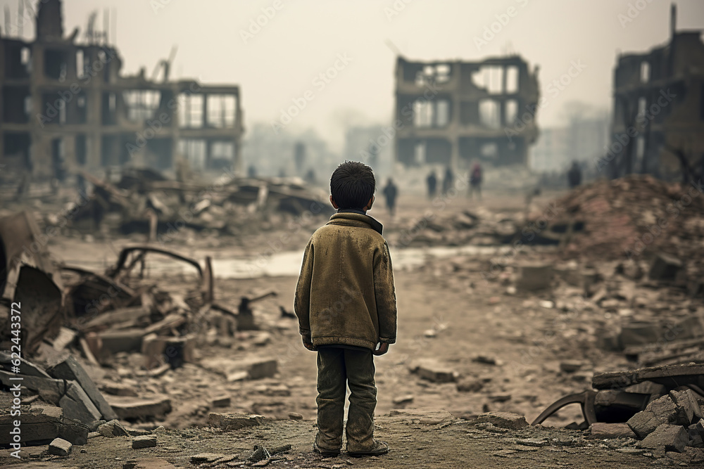 an orphaned child stands in front of the ruins of a Ukrainian town destroyed in the war, generative ai an orphaned child stands in front of the ruins of a Ukrainian town destroyed in the war, generative ai