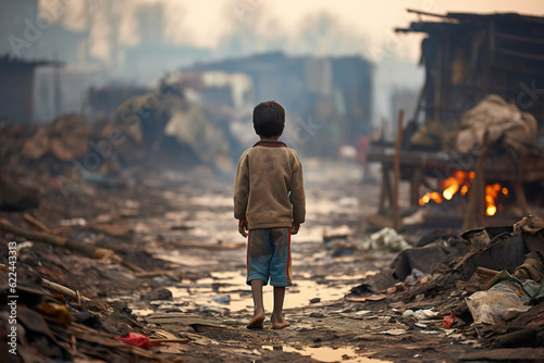 an orphaned child stands in front of the ruins of a Ukrainian town destroyed in the war, generative ai