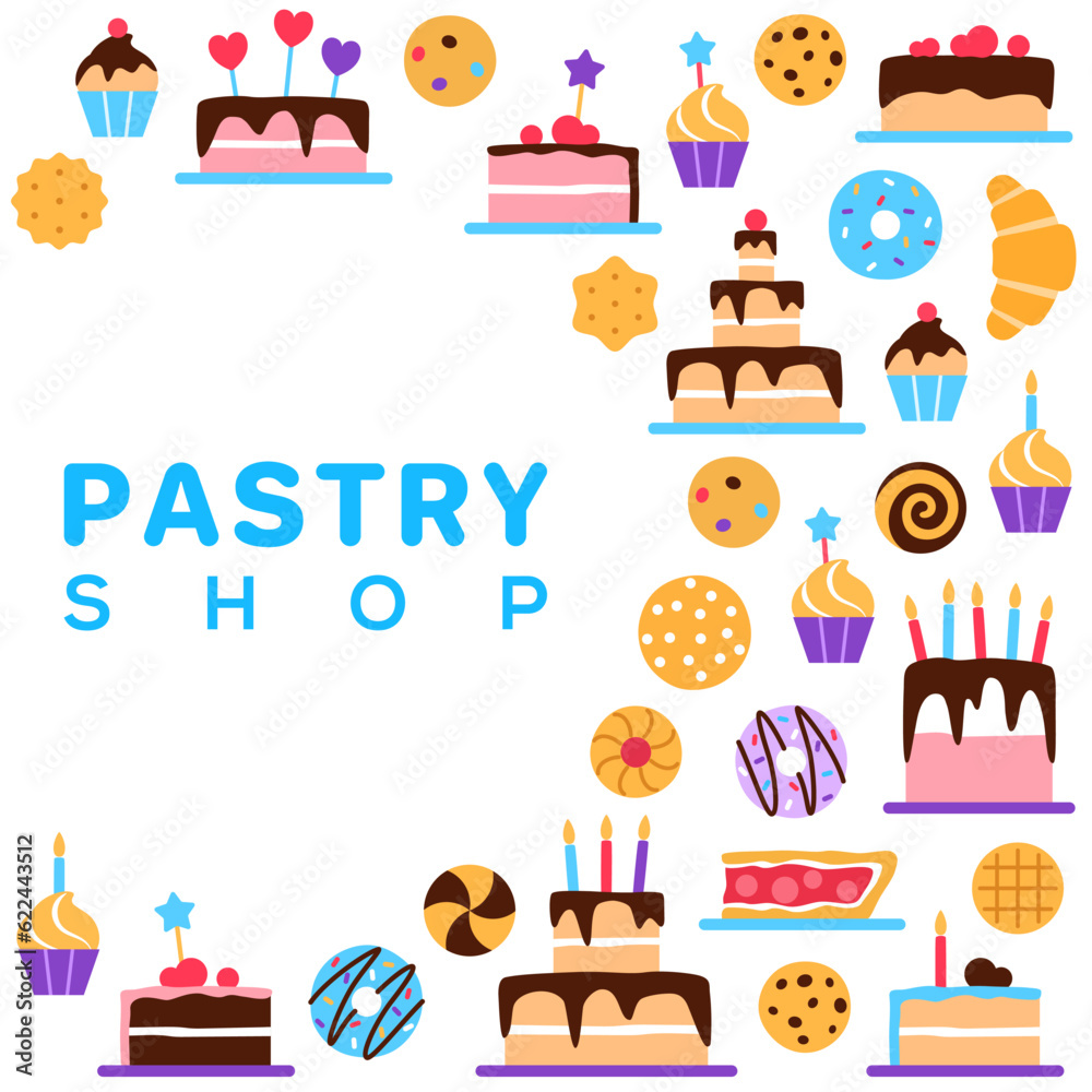 Pastry shop square frame with circle copy space on white background. Colorful baked yummy food concept design. Dessert elements cake muffin for cafe confectionery sweet shop flat vector illustration.