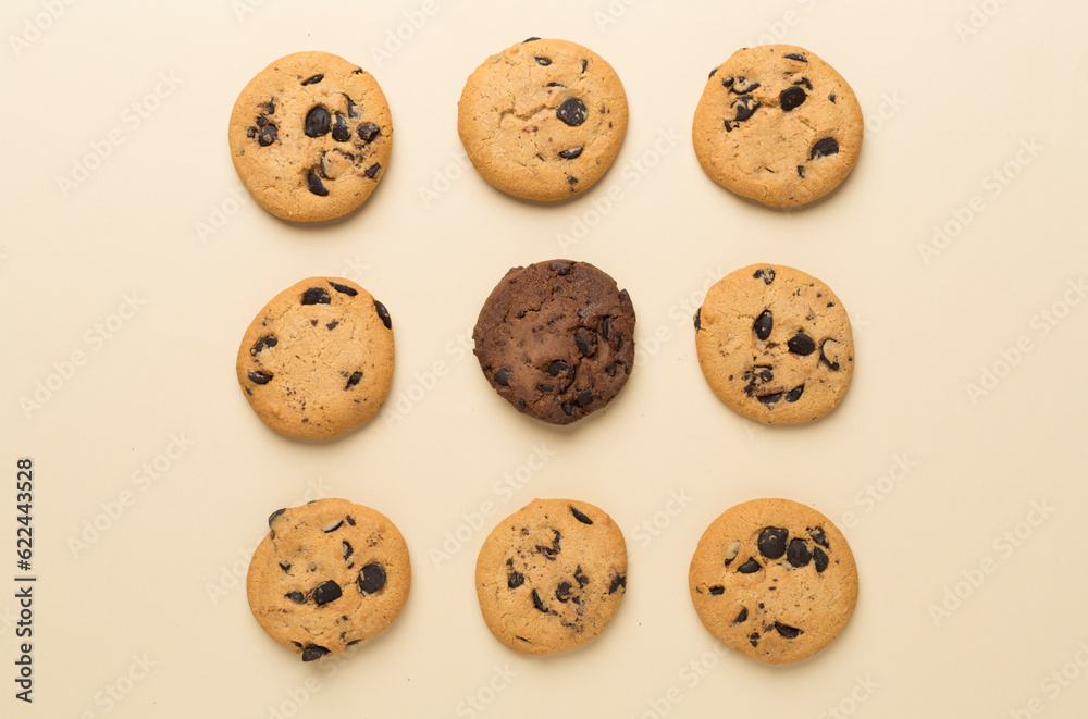 Flat lay with chocolate chip cookies on color background Flat lay with chocolate chip cookies on color background
