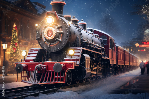 a locomotive steam train decorated with Christmas lights drives through the snowy streets of the big city on Christmas Eve, generative ai