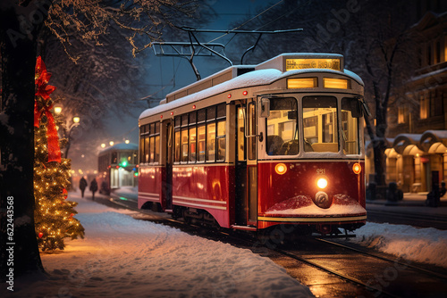 a tram decorated with Christmas lights drives through the snowy streets of the big city on Christmas Eve, generative ai