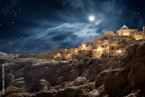 the Star of Betlehem shines on the birthplace of jesus 2000 years ago near jerusalem, generative ai