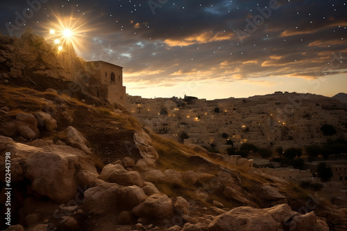 the Star of Betlehem shines on the birthplace of jesus 2000 years ago near jerusalem, generative ai photo