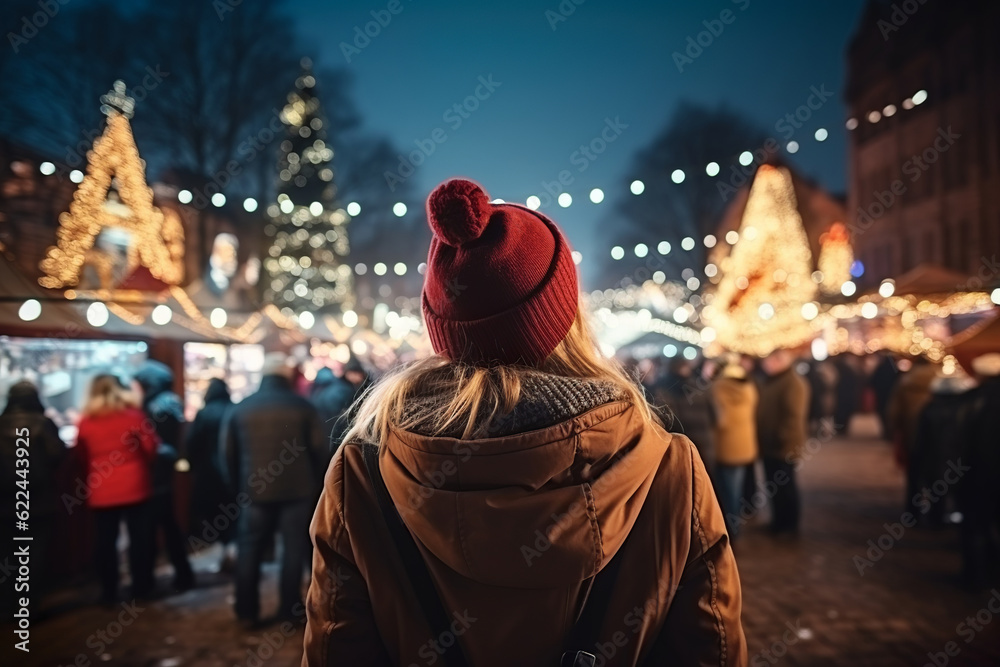 woman enjoying the view of the christmas fair at night in the city at xmas eve, generative ai - obrazy, fototapety, plakaty 