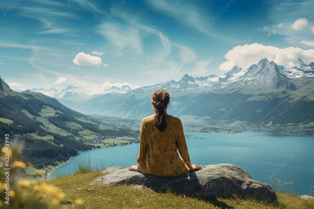 Fototapeta premium woman enjoying the view of the peaceful calm swiss alps and lakes, generative ai