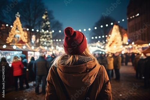 Print op canvas woman enjoying the view of the christmas fair at night in the city at xmas eve,