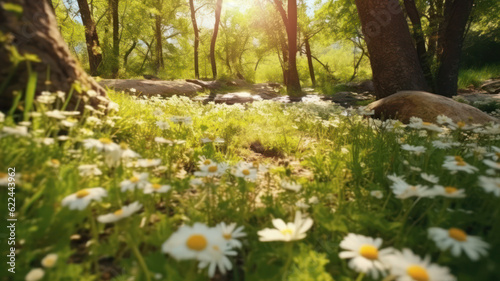 Vibrant spring scene:,Blurred background with blooming trees, AI generated