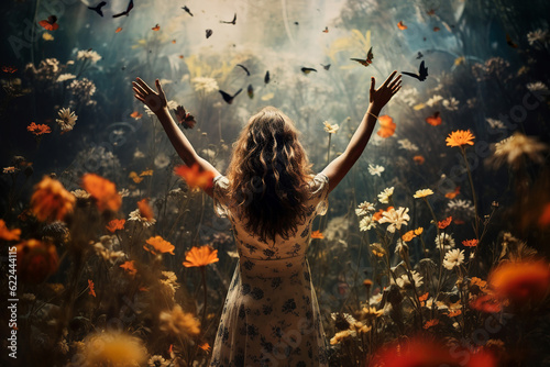 Woman with arms raised in front of beautiful flowers background, generative, ai