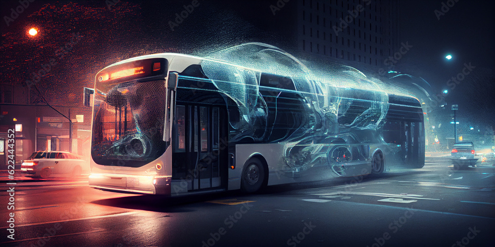 Image of a futuristic city bus in holographic style. Generative AI