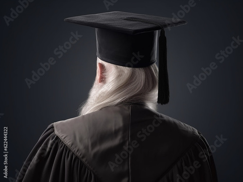 A respectable elderly professor in a square academic cap and study gown, viewed from the back in close-up and on an isolated background. Generative AI photo