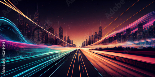 Image of long beams from car headlights in a futuristic city at night. Generative AI