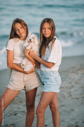 Adorable young girls and their white puppy on the beach at sunset. Beautiful teenage girls on the seashore walking and enjoy summer vacation