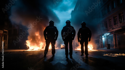 Police Officers walking towards Riots in Street with Smoke  Fire  night  dark  protesters  protest