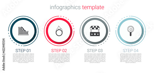 Set Roller coaster, Circus fire hoop, Ticket box office and Lollipop. Business infographic template. Vector
