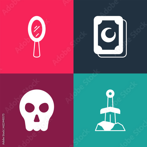 Set pop art Sword in the stone, Skull, Tarot cards and Magic hand mirror icon. Vector