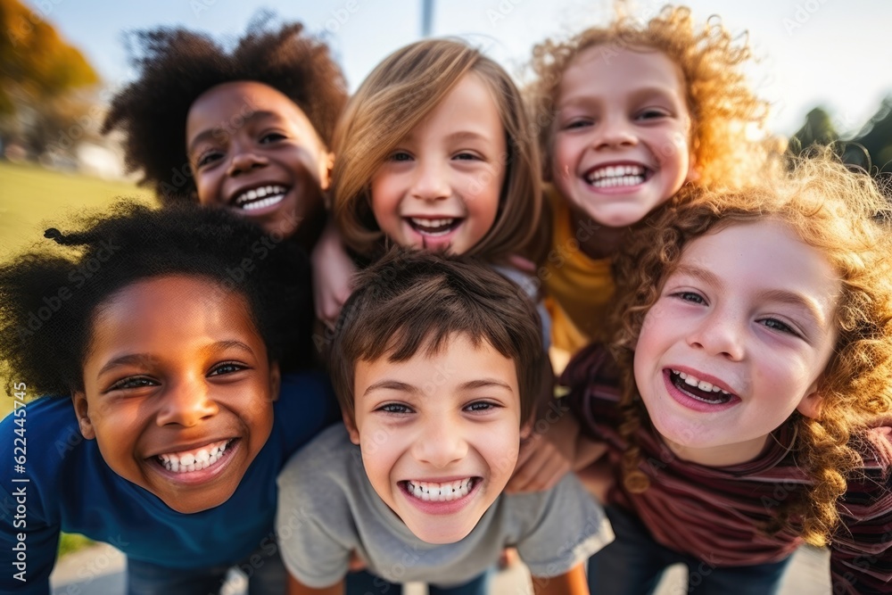 Group of diverse cheerful fun happy multiethnic children outdoors at the schoolyard